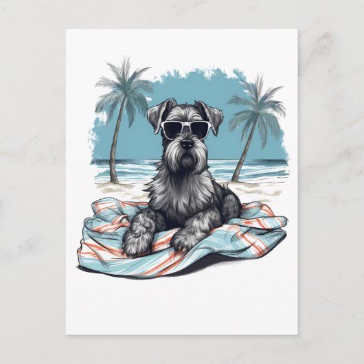 Schnauzer mit Sonnenbrille am Strand Postkarte (Vorderseite)