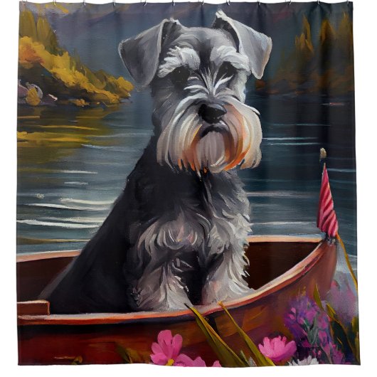 Schnauzer on a Paddle: Ein Landschaftliches Abente Duschvorhang (Vorderseite)