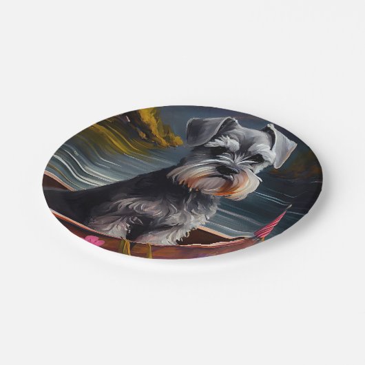 Schnauzer on a Paddle: Ein Landschaftliches Abente Pappteller (Schrägansicht)