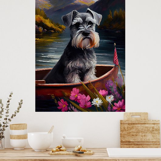 Schnauzer on a Paddle: Ein Landschaftliches Abente Poster (Küche)