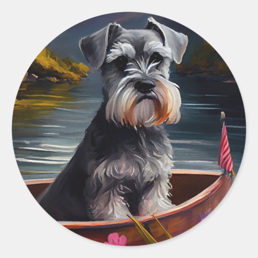 Schnauzer on a Paddle: Ein Landschaftliches Abente Runder Aufkleber (Vorderseite)