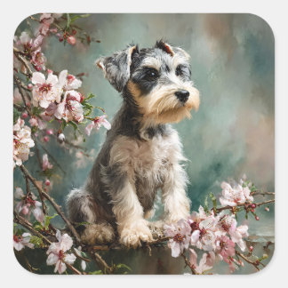 Schnauzer Puppy Among Spring Cherry Blossoms Quadratischer Aufkleber