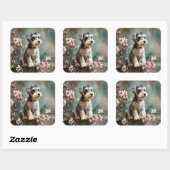 Schnauzer Puppy Among Spring Cherry Blossoms Quadratischer Aufkleber (Blatt)