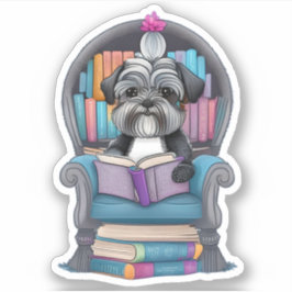 Schnauzer Puppy Reading Book Sticker