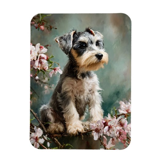 Schnauzer Puppy Spring Cherry Blossoms Flexible Magnet (Vertikal)