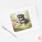 Schnauzer Puppy Springtime Flowers Quadratischer Aufkleber (Umschlag)