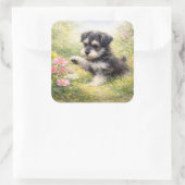 Schnauzer Puppy Springtime Flowers Quadratischer Aufkleber (Tasche)