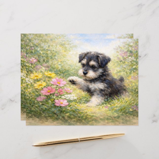 Schnauzer Puppy Springtime Flowers Scrapbook Paper (Vorderseite/Rückseite Beispiel)