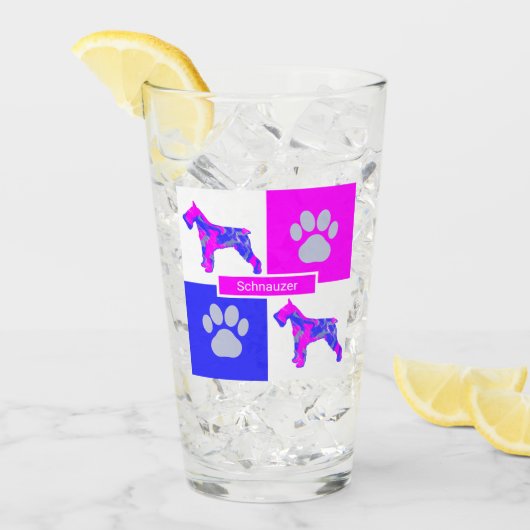 Schnauzer Silhouette Dog & Paw Pink Blue Square Glas (Vorderseite Ice)