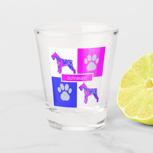 Schnauzer Silhouette Dog & Paw Pink Blue Square Schnapsglas (Vorderseite)