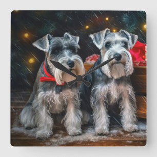 Schnauzer Snowy Sleigh Weihnachtsdekor Quadratische Wanduhr