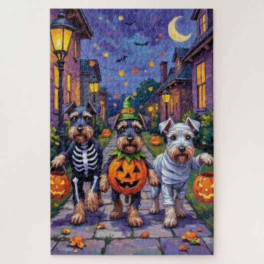 Schnauzer Trick-or-Treating in Halloween Costumes Puzzle (Vertikal)