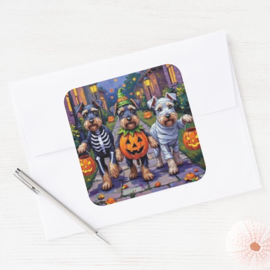 Schnauzer Trick-or-Treating in Halloween Costumes Quadratischer Aufkleber (Umschlag)