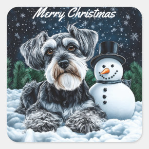 Schnauzer und Snowman Weihnachten Quadratischer Aufkleber