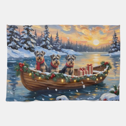 Schnauzer Weihnachtsboot-Feiertag Geschirrtuch (Horizontal)