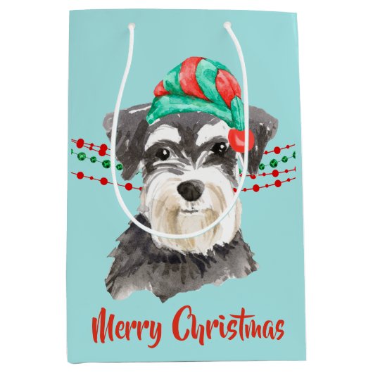 Schnauzer Weihnachtsmannmütze Holiday String Beads Mittlere Geschenktüte (Vorderseite)