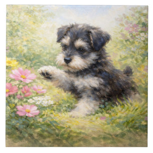 Schnauzer-Welpe Frühlingsblumen Fliese