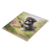 Schnauzer-Welpe Frühlingsblumen Fliese (Seite)