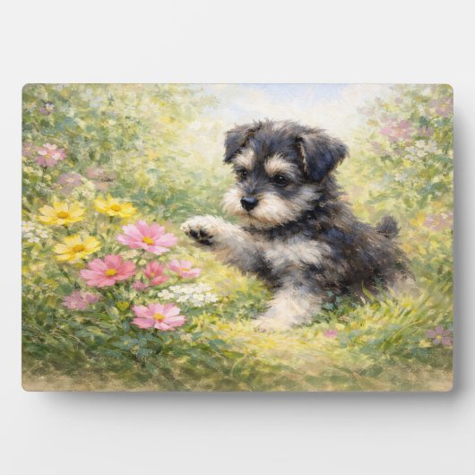 Schnauzer-Welpe Frühlingsblumen Fotoplatte (Vorderseite)
