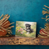 Schnauzer-Welpe Frühlingsblumen Fotoplatte (Seite)