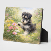 Schnauzer-Welpe Frühlingsblumen Fotoplatte (Seite)
