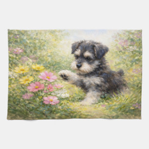 Schnauzer-Welpe Frühlingsblumen Geschirrtuch