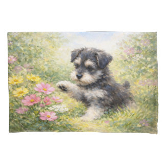 Schnauzer-Welpe Frühlingsblumen Kissenbezug