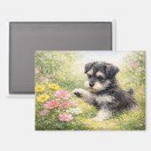 Schnauzer-Welpe Frühlingsblumen Magnet (Vorderseite/Rückseite)