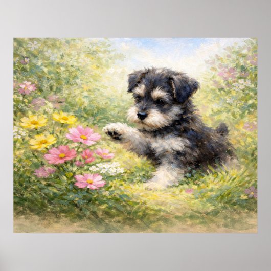 Schnauzer-Welpe Frühlingsblumen Poster (Vorne)