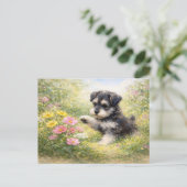 Schnauzer-Welpe Frühlingsblumen Postkarte (Stehend Vorderseite)