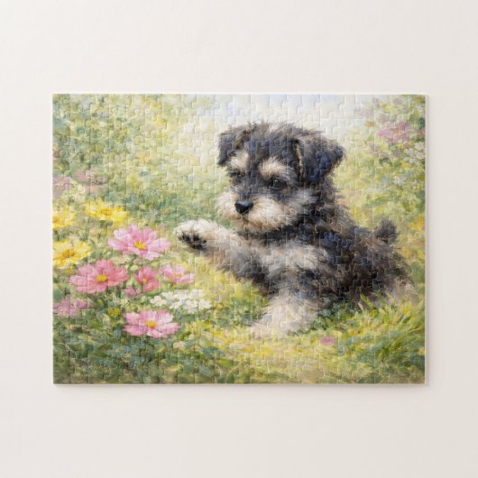 Schnauzer-Welpe Frühlingsblumen Puzzle (Horizontal)