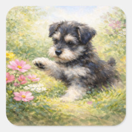 Schnauzer-Welpe Frühlingsblumen Quadratischer Aufkleber