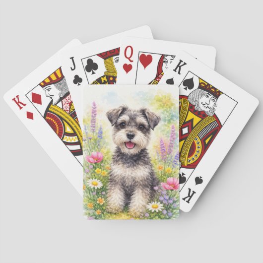 Schnauzer-Welpe und Wildblumen Spielkarten (Rückseite)