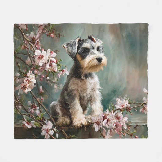 Schnauzer-Welpe unter Frühlings-Kirschblüten Fleecedecke (Vorderseite (Horizontal))