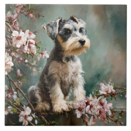 Schnauzer-Welpe unter Frühlings-Kirschblüten Fliese