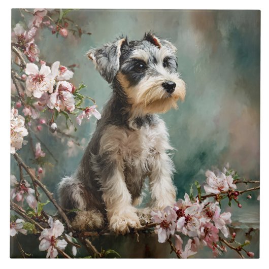 Schnauzer-Welpe unter Frühlings-Kirschblüten Fliese (Vorderseite)