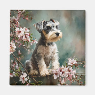 Schnauzer-Welpe zwischen Frühlings-Kirschblüten Magnet