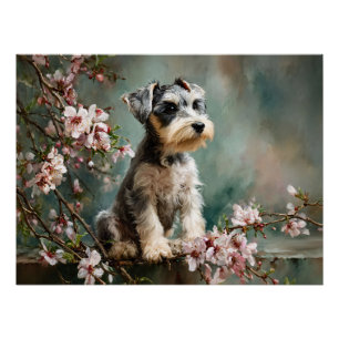 Schnauzer-Welpe zwischen Frühlings-Kirschblüten Poster