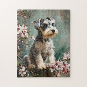 Schnauzer-Welpe zwischen Frühlings-Kirschblüten Puzzle