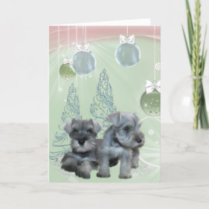 Schnauzer Welpen Rosa und grüne Weihnachtskarte Feiertagskarte