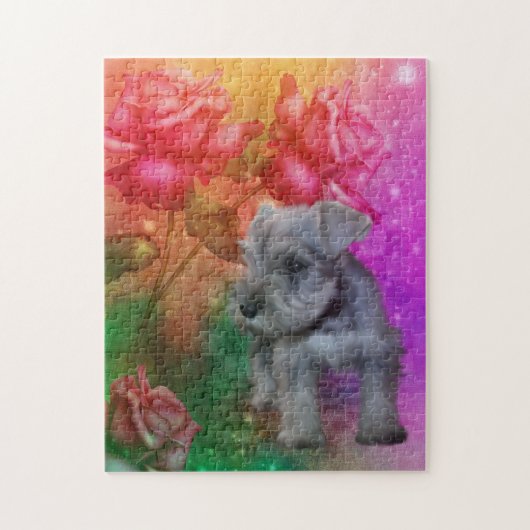 Schnauzer Welppy Fantasy Rose Hunde Kunst Puzzle (Vertikal)