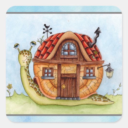 Schnecke mit Haus auf der Rückseite Aquarellmalere Quadratischer Aufkleber (Vorderseite)
