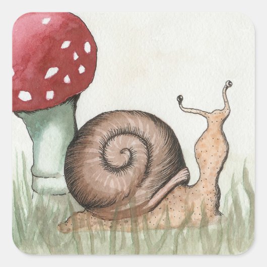 Schnecke und Pilze Quadratischer Aufkleber (Vorderseite)
