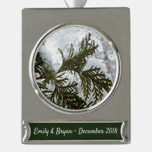 Schnee auf Evergreen Branchen Banner-Ornament Silber