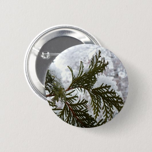 Schnee auf Evergreen Branchen Button (Vorne & Hinten)