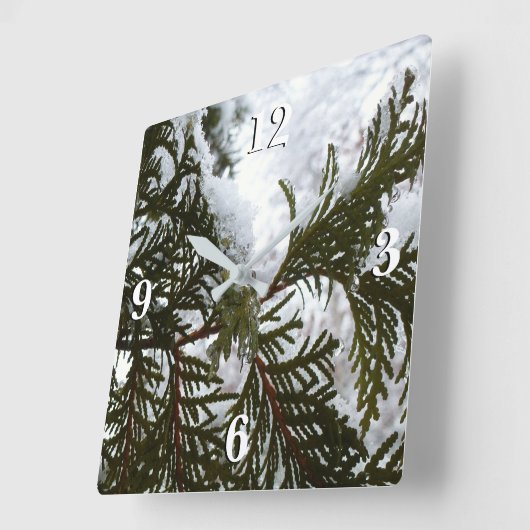 Schnee auf Evergreen Branchen Quadratische Wanduhr (Winkel)