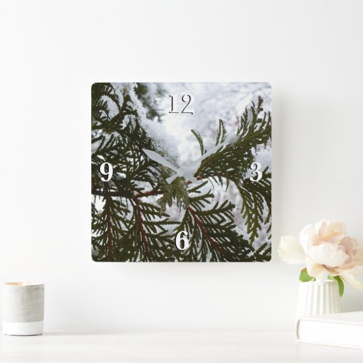Schnee auf Evergreen Branchen Quadratische Wanduhr (Zuhause)