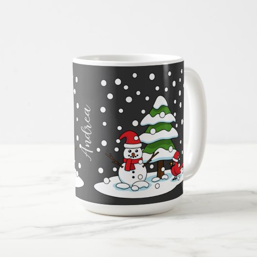 Schnee auf Kardinal, Schneemann und Pine Tree | Na Kaffeetasse (VorderseiteRechts)