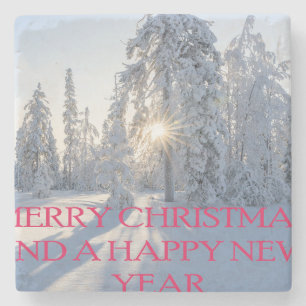 SCHNEE, BÄUME, DIE SONNE, BEREIT FÜR CHRISTMAS STEINUNTERSETZER