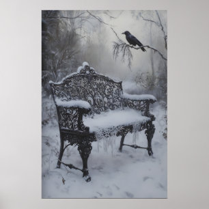 Schnee bedeckte Vintage-Eisenbank mit Rabenschwarz Poster